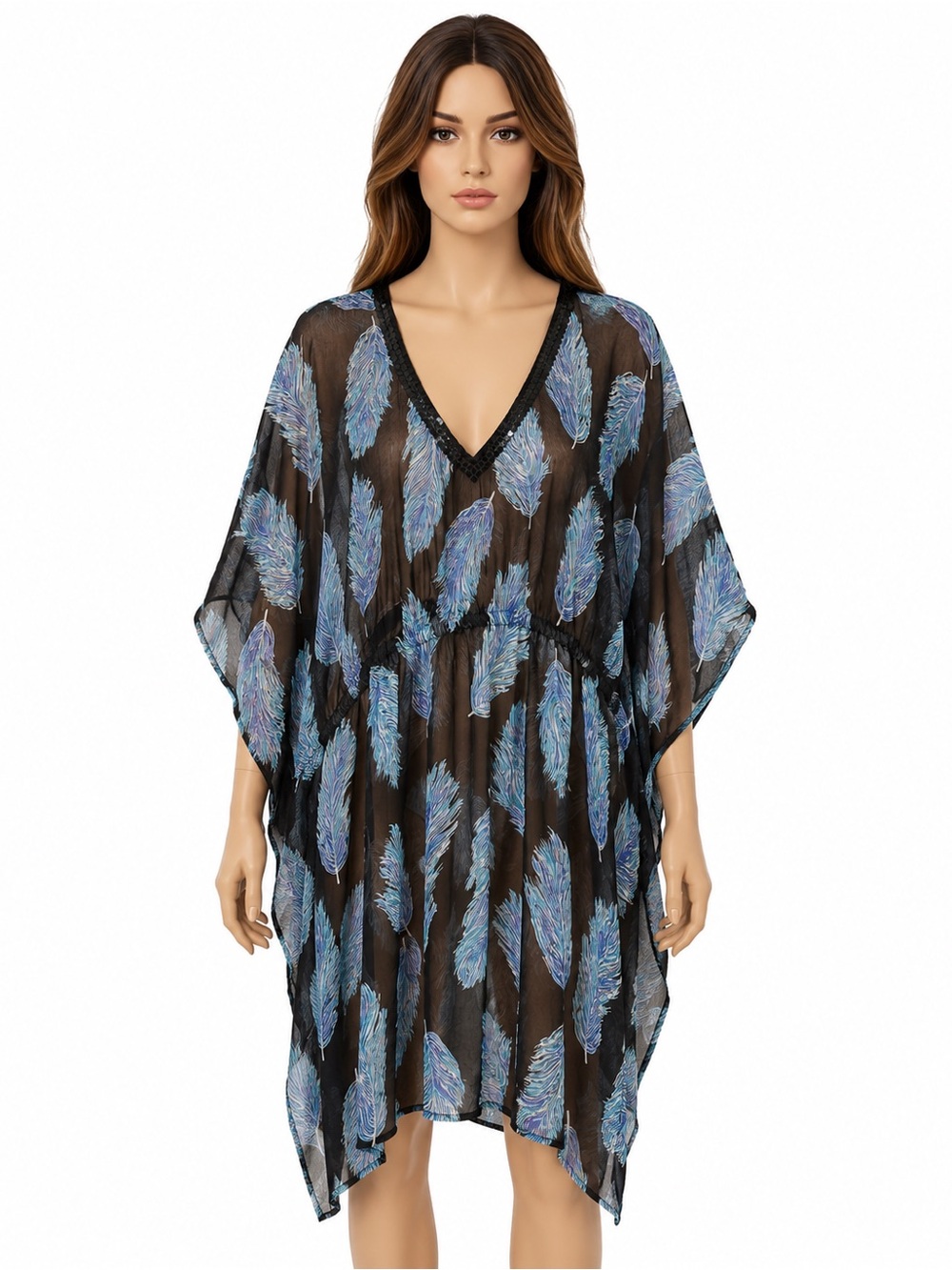 Jessica Black Sheer Cover up with Blue Feather Motif